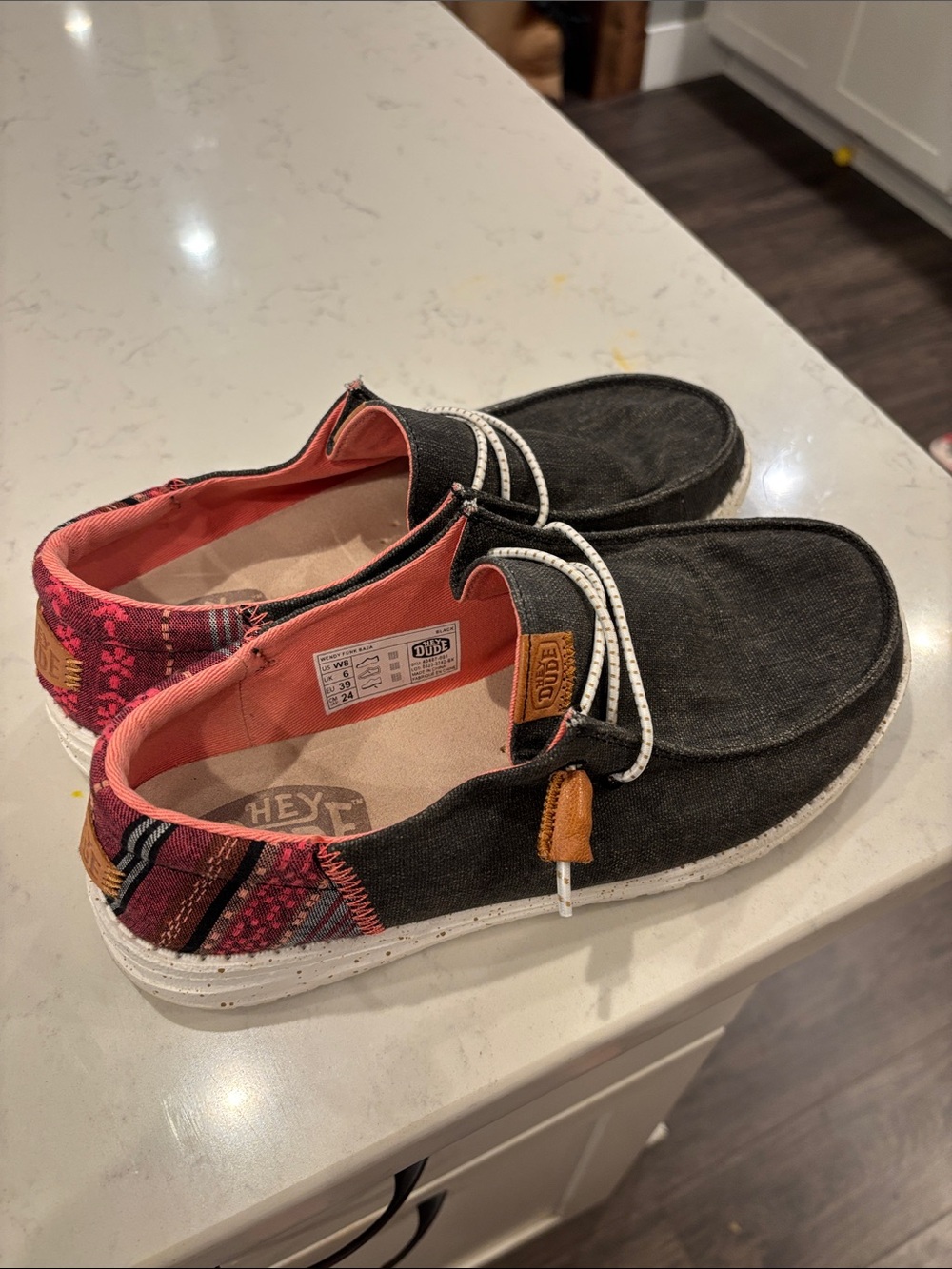 Hey Dude Women's Black Slip-On Sneakers with Pink Patterned Heel